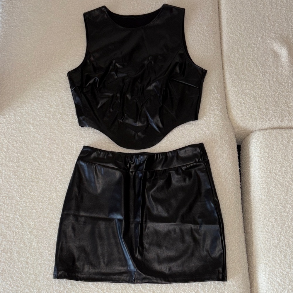 Elegant Black Faux Leather Mini Skirt Set